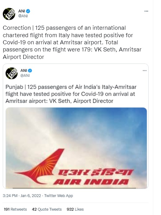 ANI tweet on Air India