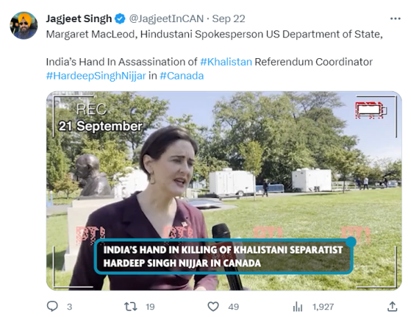 Tweet of Jagjeet Singh on Margaret MacLeod