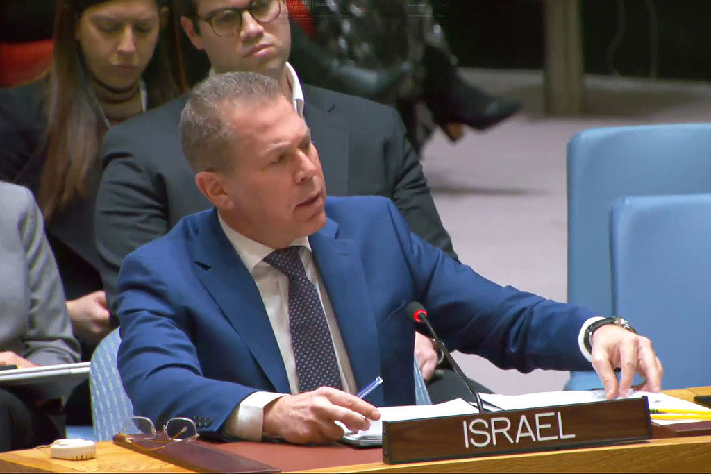 UN Photo Ambassador Gilad Erdan, Permanent Representative of Israel to the UN, addresses the Security Council meeting on the situation in the Middle East, including the Palestinian question.