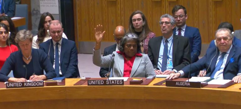 UN Photo Ambassador Linda Thomas-Greenfield, Permanent Representative of the United States to the UN, casts her abstention during voting on the resolution demanding an immediate ceasefire in Gaza for the month of Ramadan.