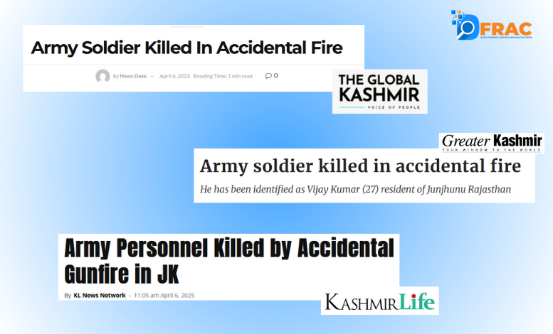 Snippets of headlines from major newspapers from Jammu and Kashmir. These news reports unravel the truth about the misleading claim. The soldier was killed in an accidental fire.