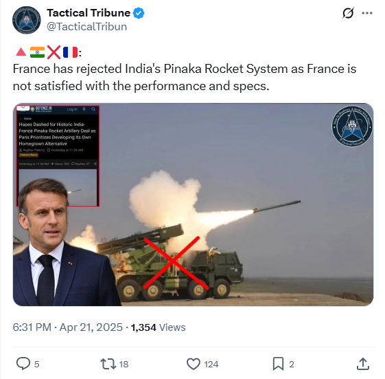 A misleading claim debunked by DFRAC is shown in this composite image featuring a tweet from the account 'Tactical Tribune'. The tweet falsely alleges that France has rejected India’s indigenous Pinaka Rocket System due to dissatisfaction with its performance and specifications. The image includes the tweet's text, a photo of French President Emmanuel Macron, an image of a military rocket system marked with a red 'X', and the DFRAC logo stamped with a bold red label reading 'MISLEADING'. The background features a missile launch, emphasizing the defense and military context. The image is branded with the DFRAC logo in the top-right corner, signifying a fact-checking effort against disinformation related to defense news.