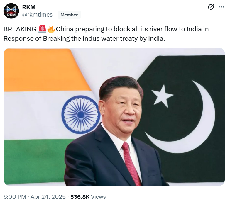 A screenshot of a tweet on X that claims thar China is blocking the flow of river water to India