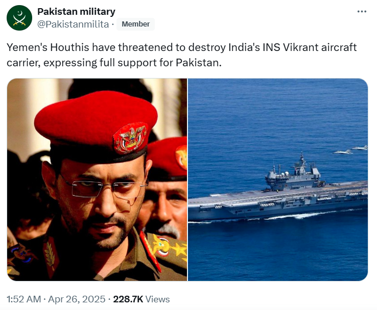 An X user has claimed that Yemen's Houthi rebels have threatened India. Pledged to destroy India's warship - INS Vikrant.