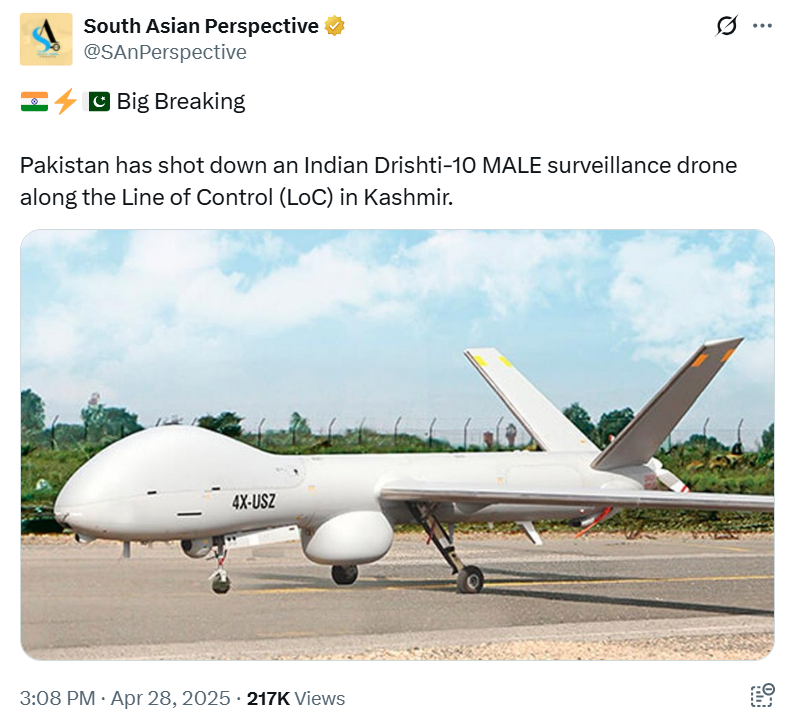 A verified account named South Asian Perspective shared this news on social site X, writing – Big Breaking Pakistan has shot down an Indian Drishti-10 MALE surveillance drone along the Line of Control (LoC) in Kashmir.