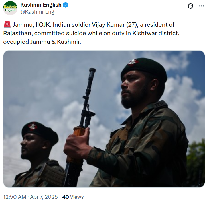 A screenshot of a tweet by Kashmir English (@KashmirEng), a verified Pak-based user on X, shared about a soldier committing suicide while on duty in Kishtwar district of Jammu & Kashmir
