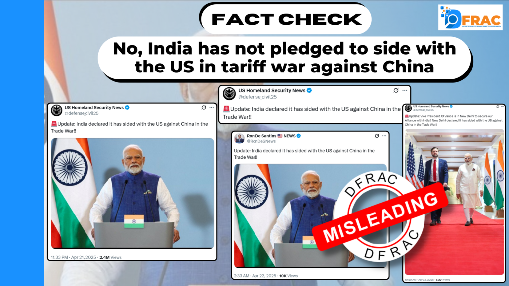 No, India has not pledged to side with the US in tariff war against China