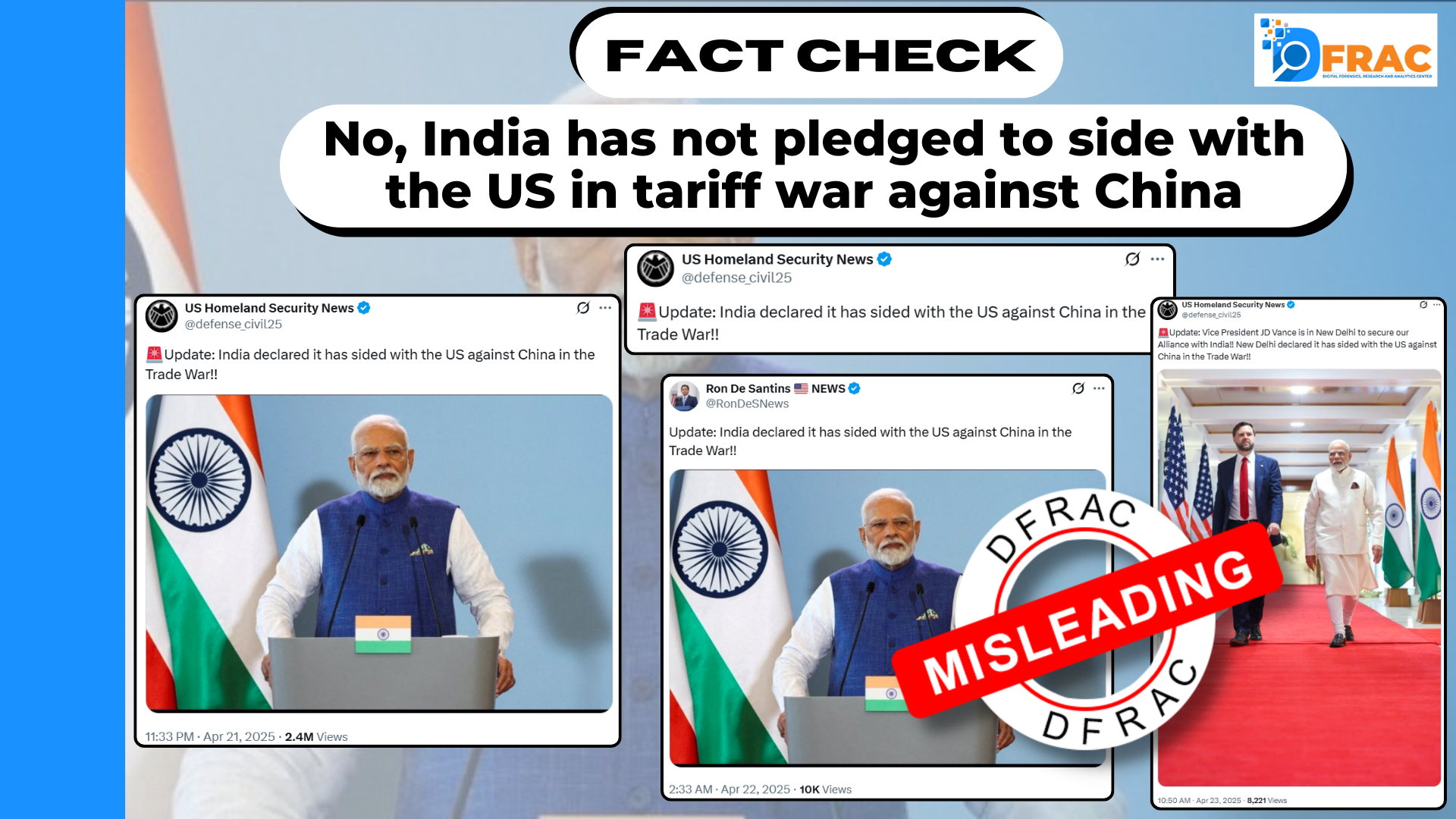 No, India has not pledged to side with the US in tariff war against China