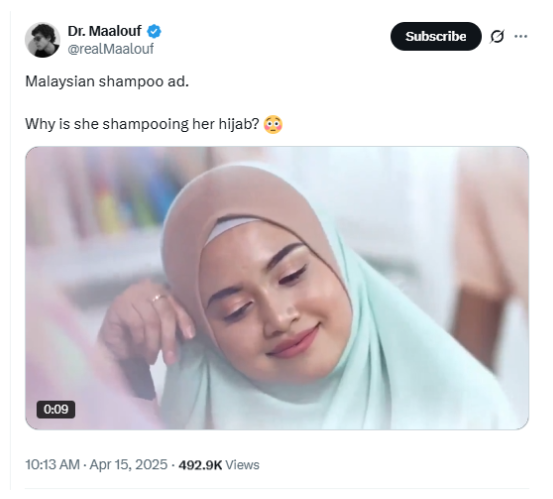 Collage image related to a Malaysian shampoo advertisement featuring a Muslim woman wearing a hijab and applying shampoo foam around her head. The background includes tweets questioning why she is shampooing her hijab, with one tweet from Dr. Maalouf and another from Vicky Kalludi, both dated April 15, expressing confusion about the ad. The image also includes a red 'MISLEADING' stamp issued by DFRAC, a digital fact-checking platform, to clarify misinformation. The ad was misunderstood online, as it symbolically represents hair care while respecting the hijabi model’s privacy. Malaysia is marked as the location, with the DFRAC logo in the top right corner.