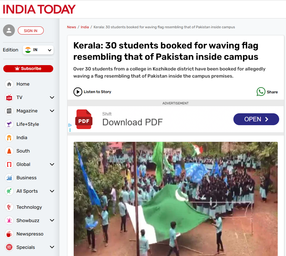 Screenshot of India Today article titled 'Kerala: 30 students booked for waving flag resembling that of Pakistan inside campus.' The article reports over 30 students from a college in Kozhikode, Kerala, allegedly waved a flag resembling the Pakistani national flag during a campus event. The image shows students dressed in blue uniforms gathered in large numbers, waving multiple green and blue flags, including one prominently resembling the Pakistan flag, while standing in a courtyard surrounded by trees. The scene suggests a public event or demonstration on school grounds.