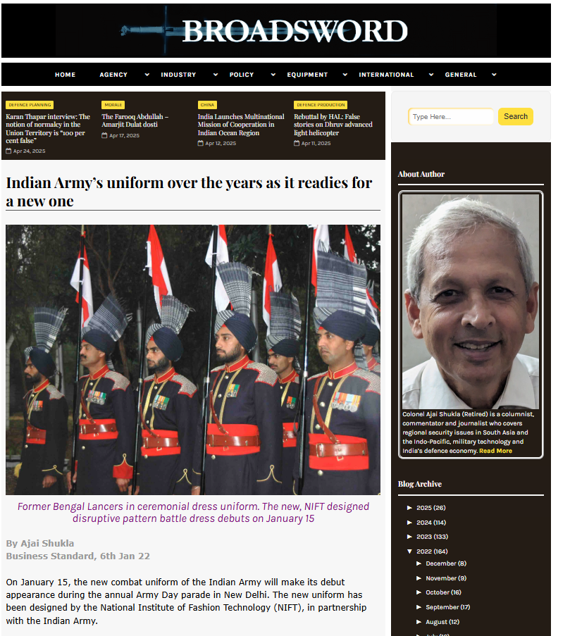 Screenshot of a Broadsword article on Indian Army uniforms, featuring ceremonial dress worn by Bengal Lancers and announcement of NIFT-designed new battle dress debuting on Army Day.