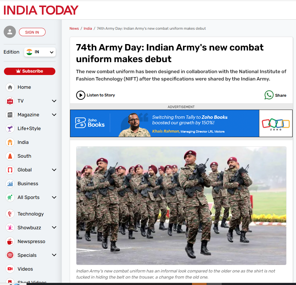 Screenshot from India Today article on the 74th Army Day, showcasing Indian Army personnel marching in the newly introduced combat uniform. The modern camouflage uniform, designed in collaboration with the National Institute of Fashion Technology (NIFT), features an updated look with the shirt tucked in and belt hidden—providing a more functional and informal appearance compared to previous versions. The image captures soldiers in maroon berets demonstrating the new uniform during the Army Day parade.