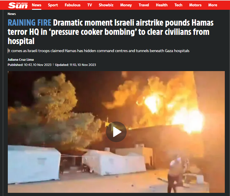 Screenshot of a news article from The Sun titled ‘RAISING FIRE: Dramatic moment Israeli airstrike pounds Hamas terror HQ in pressure cooker bombing to clear civilians from hospital.’ The article, published on November 10, 2023, by Juliana Cruz Lima, reports on an Israeli military airstrike in Gaza targeting alleged Hamas command centers beneath hospitals. The video thumbnail shows a large fiery explosion at night near white tents and trees, with a person running in the foreground. The intense flames and destruction suggest a conflict zone scenario. This same video footage has been misattributed on social media as an Indian Army attack on Sialkot, Pakistan, highlighting the spread of misinformation during times of geopolitical tension.