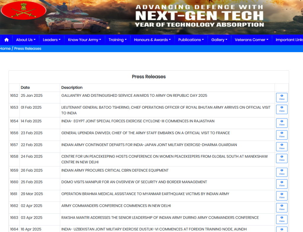 A screenshot of Indian Army website. Our team visited this website to check whether Indian Army announced to take any action against Pakistan and intrude into Sialkot.