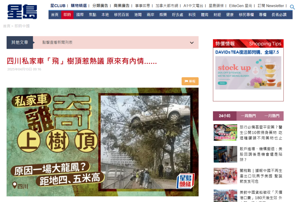 singtao.ca, a Canada-based Chinese language news platform reported on how the car ended up on top of a tree. The car was deliberately planted by a driving school for publicity. This incident had occurred in Sichuan province in China.