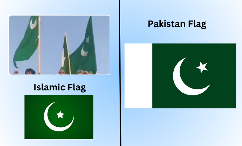 The image is a side-by-side comparison designed to clarify misinformation about flags seen in a viral video. On the left side, it shows a still image from the video featuring green flags with white crescent moons and stars, labeled as "Islamic Flag". Below that, there's a clear illustration of the same Islamic flag, which consists of a green background with a white crescent moon and star centered. On the right side, the official Pakistan Flag is shown, which has a green field with a white vertical stripe on the left and a white crescent moon and star on the green portion.

This comparison demonstrates that the flags seen in the video are Islamic religious flags, not Pakistani national flags, countering the false claim that Pakistani flags were waved in Kerala, India. The background features a soft blue gradient, visually separating and emphasizing the differences between the two flags
