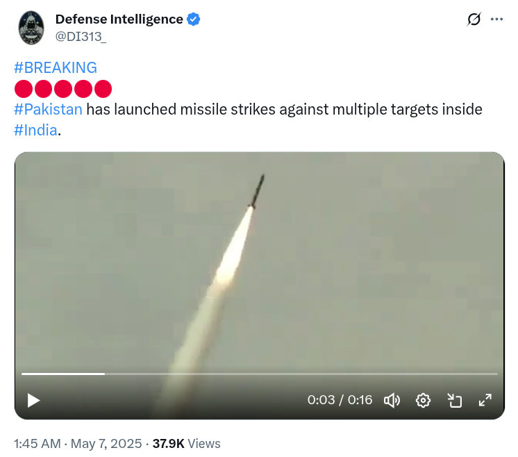Another user, this time a verified user, has shared the same video. The user, Defense Intelligence (@DI313_) has shared with similar caption as shared by Pakistan military, “BREAKING Pakistan has launched missile strikes against multiple targets inside India.” The post has hashtags incorporated in it.