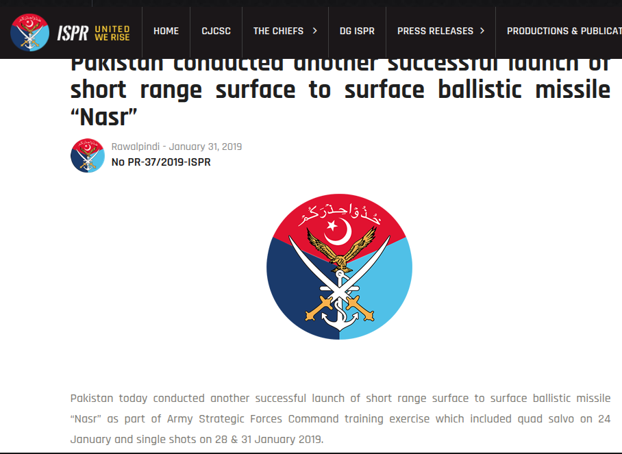 A press release by ISPR Pakistan on test launch of Nasr Missile.