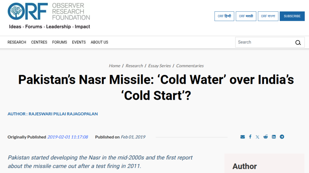 This an ORF commentary published on February 1, 2019 discusses the development of the Nasr missile in Pakistan.