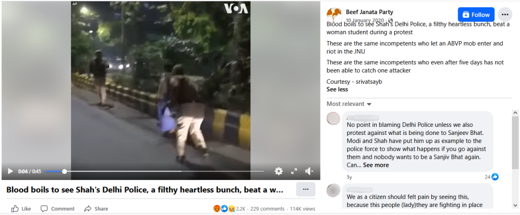 A user has criticized the action taken by the police on protestors, especially women, They are attacked by police with impunity. Modi.