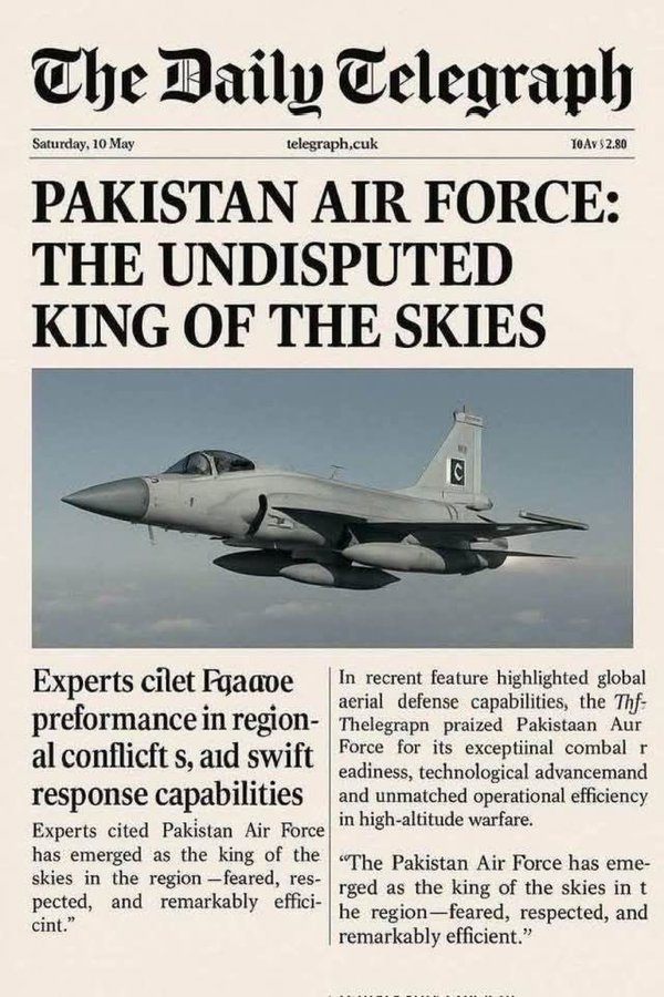 AI-generated fake Daily Telegraph front page falsely praising the Pakistan Air Force as “the undisputed king of the skies,” featuring a fighter jet and noticeable typographic errors.