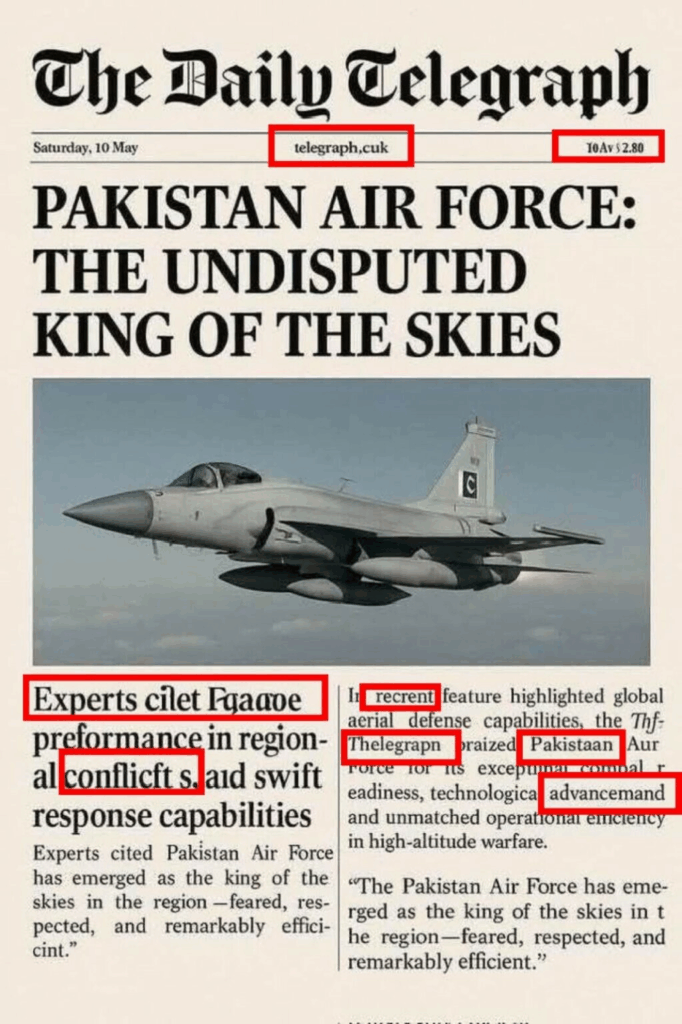 AI-generated fake Daily Telegraph front page falsely praising the Pakistan Air Force, highlighted with red boxes showing spelling errors like “Pakistaan,” “rec rent,” “Thelegraph,” and “conflict s,” exposing the image as digitally altered and inauthentic.