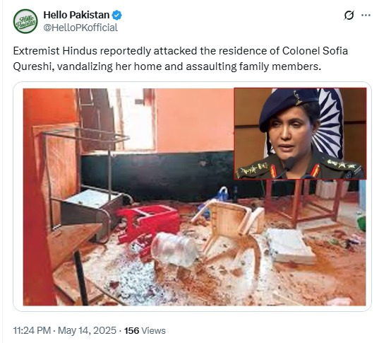 Viral tweet falsely claims extremist Hindus vandalized Indian Army Colonel Sofia Qureshi’s home; includes ransacked room image and her photo inset