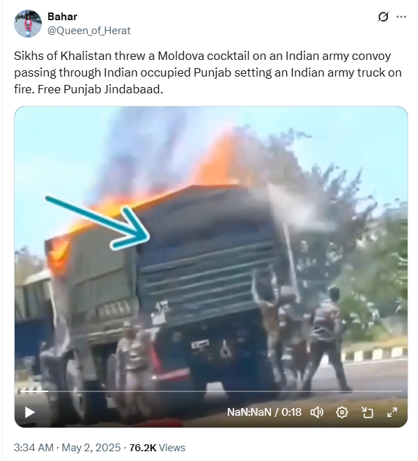 Indian Army truck on fire with soldiers nearby during viral video falsely claiming Khalistani attack with Molotov cocktail in Punjab, 2025.
