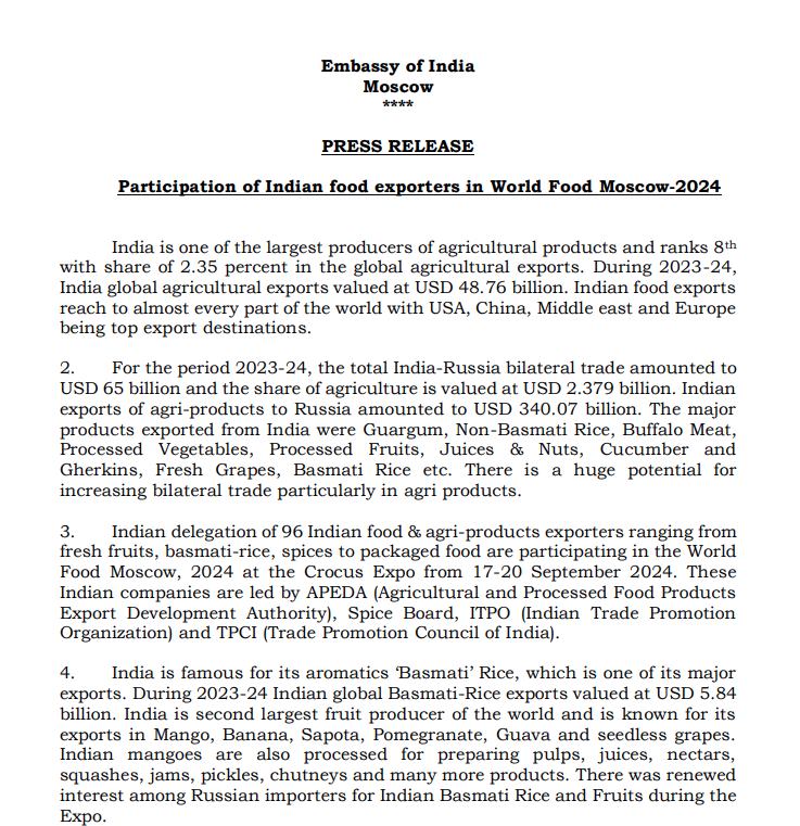 Official press release from the Embassy of India in Moscow highlighting Indian food exporters' participation in World Food Moscow 2024 and strong India-Russia agri-trade valued at over USD 340 billion, including Basmati rice, fruits, and processed foods.