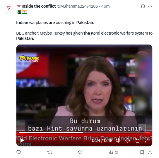 Screenshot of a tweet by Turkish Century on May 5, 2025, discussing unverified claims of Indian military and civilian communication blackouts allegedly caused by Pakistan's use of the Turkish KORAL Electronic Warfare system. The tweet includes a detailed description of KORAL’s capabilities such as radar jamming, signal disruption, and GNSS interference. The image shows the KORAL system—a green, mobile NATO-spec ELINT/SIGINT unit—inside a military facility, alongside a still from a Turkish news broadcast reporting on electronic warfare and its impact on Indian jets.