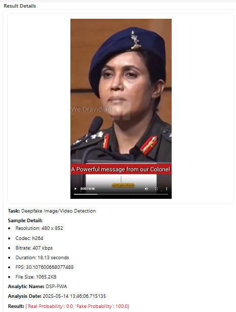 "Facebook post by Abtak Pakistan HD falsely claiming Indian Army Colonel Sofia Qureshi said she is Muslim but not Pakistani. The deepfake video includes fake subtitles and national flags of Pakistan and India, attempting to misrepresent her statement. The post promotes a misleading narrative about religious and national identity among Indian Muslims, with hashtags like #sofiaqureshi, #muslim, #indianmuslim, and #islamic. The video is 49 seconds long and contains digitally altered content targeting India-Pakistan relations."