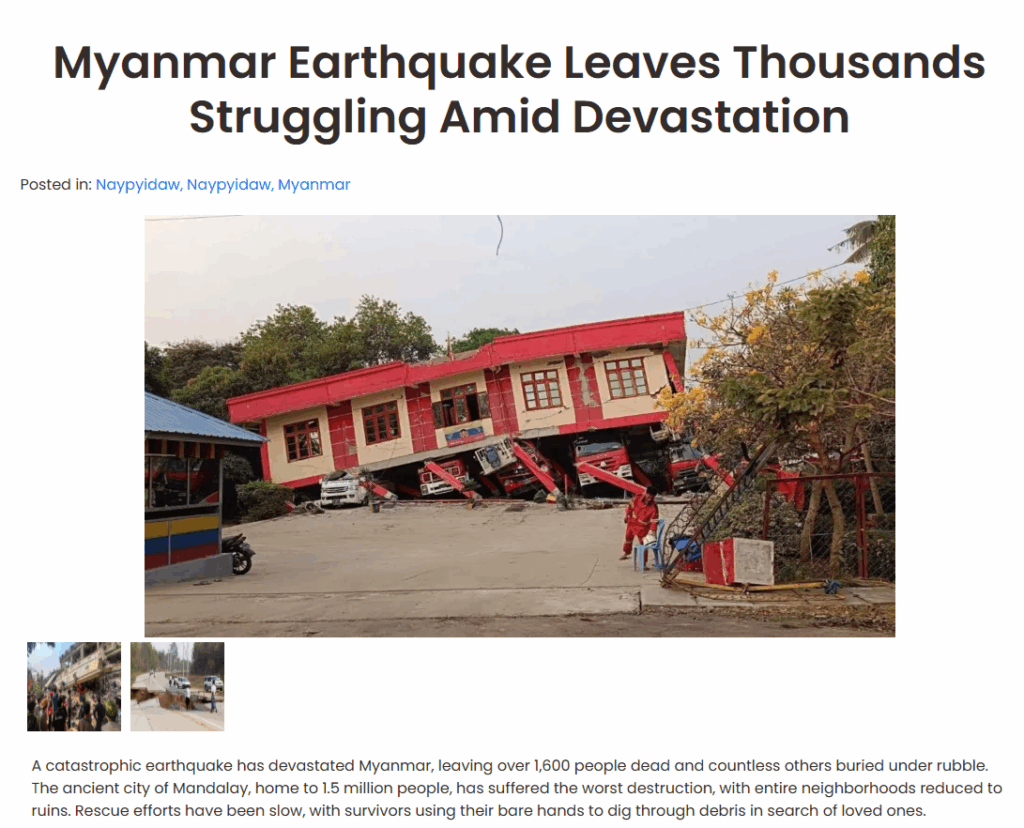 Collapsed fire station building in Myanmar after deadly 2025 earthquake, showing severe structural damage and rescue efforts amid widespread devastation