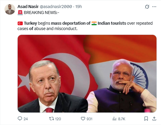 Viral social media post falsely claiming Turkey is deporting Indian tourists, featuring images of Turkish President Erdoğan and Indian PM Modi with national flags in background